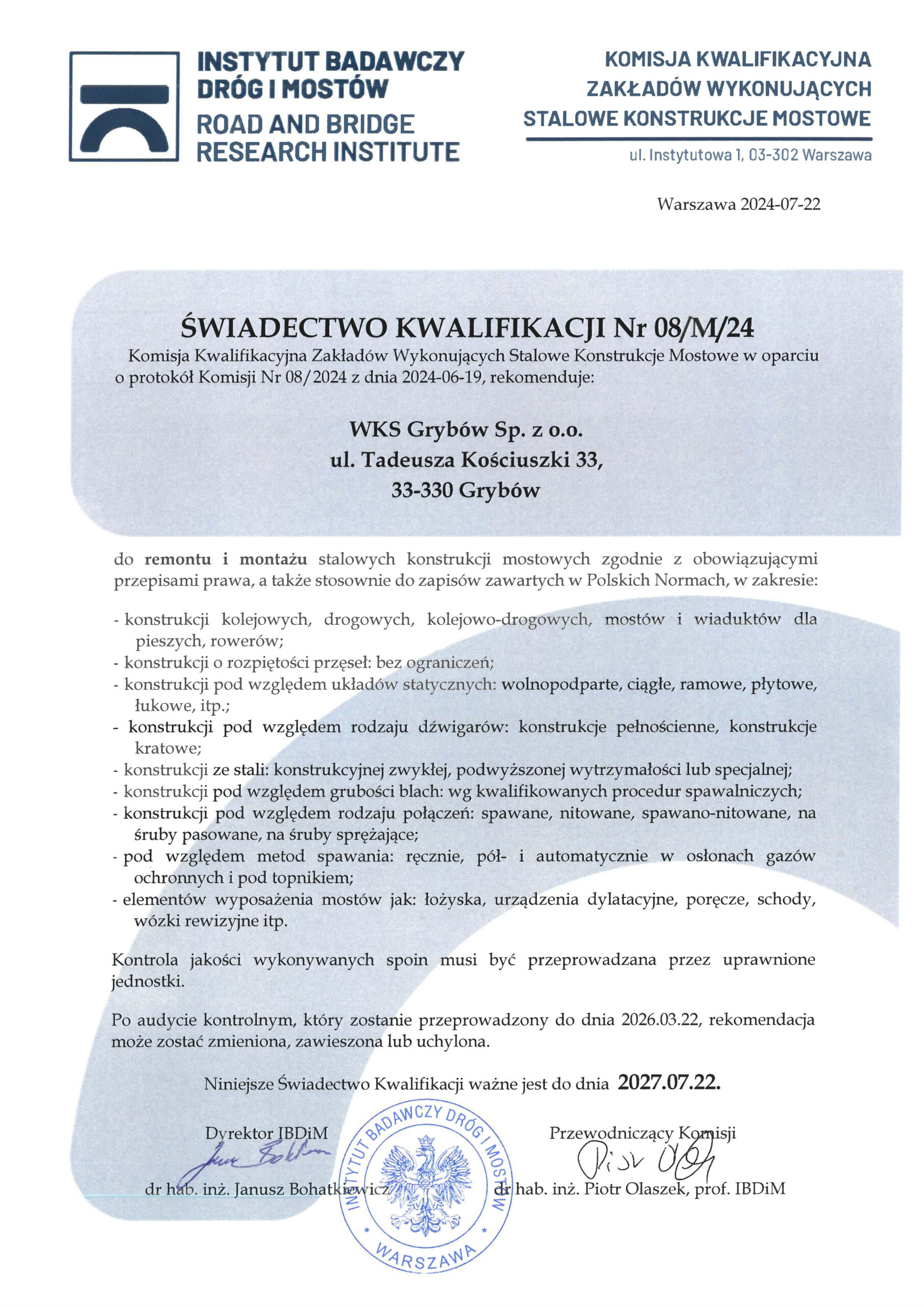 Certyfikat zgodności Zakładowej Kontroli Produkcji